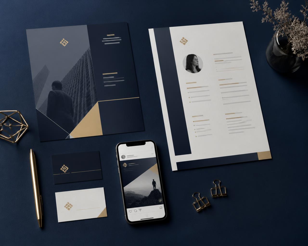 Navy and gold flyer, resume, business card and social media design samples